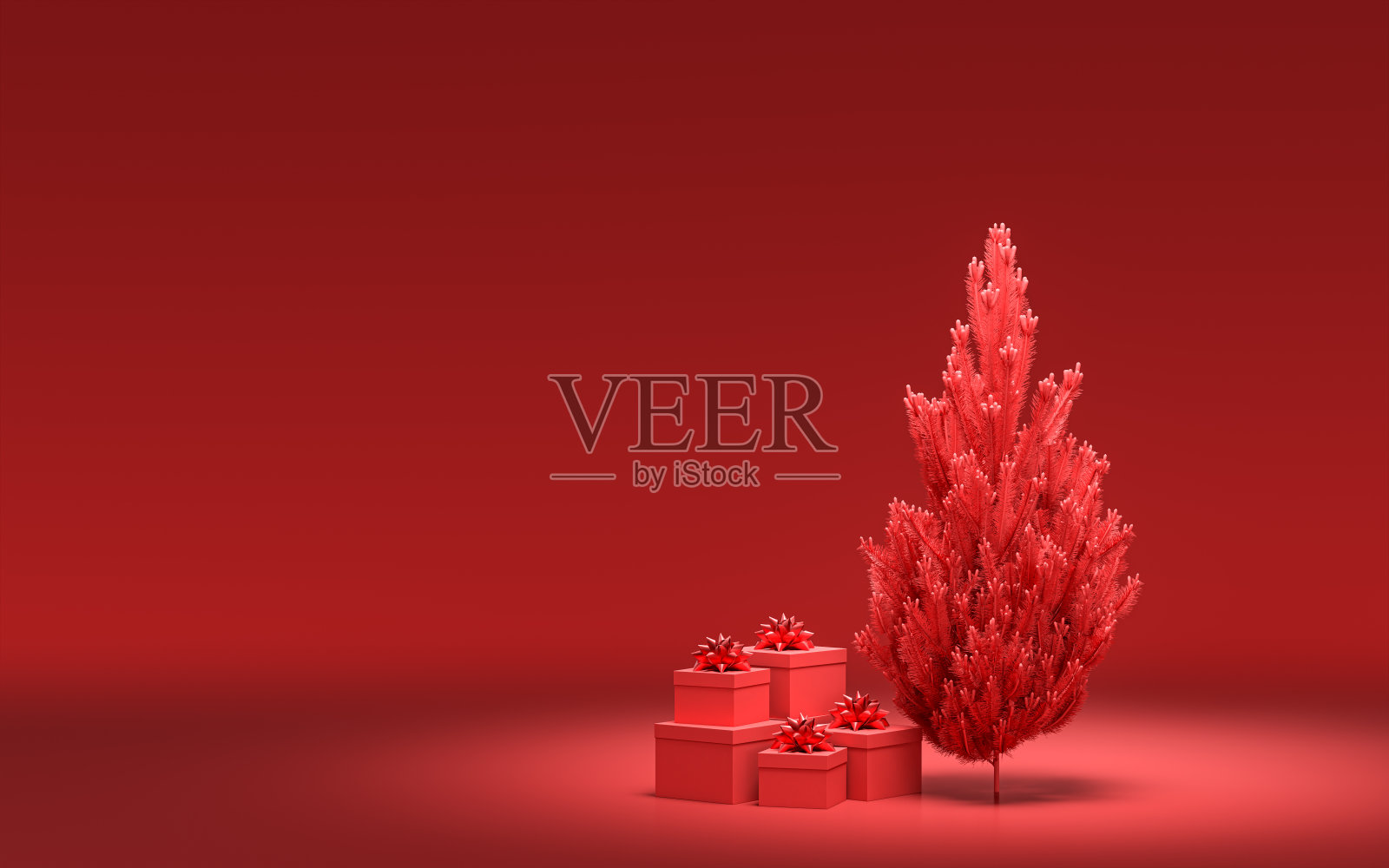地面上的礼盒和单一的圣诞树单色纯红色在红色背景与复制空间，3d渲染照片摄影图片