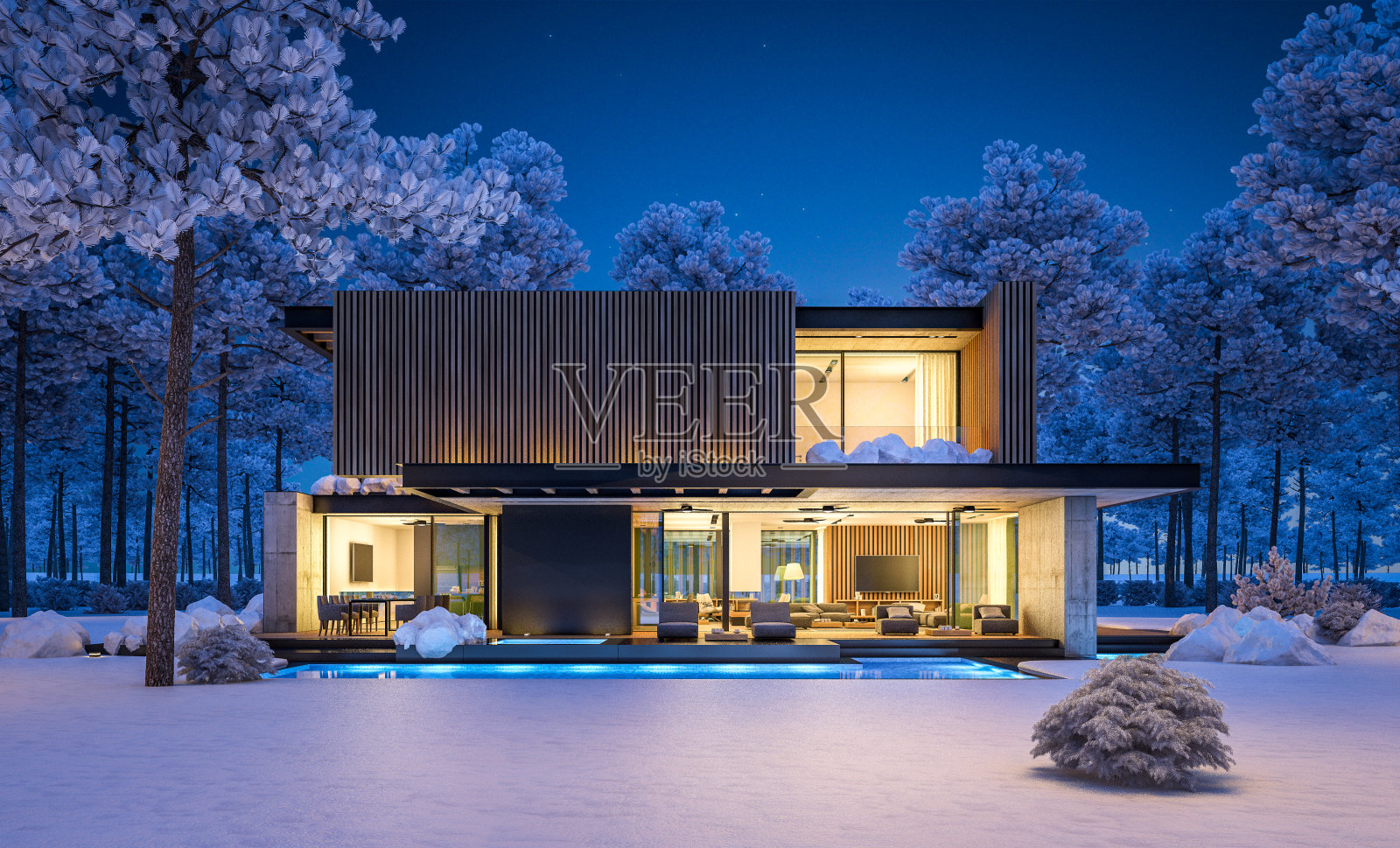 冬季夜晚，带木板外墙的现代住宅的3D渲染照片摄影图片