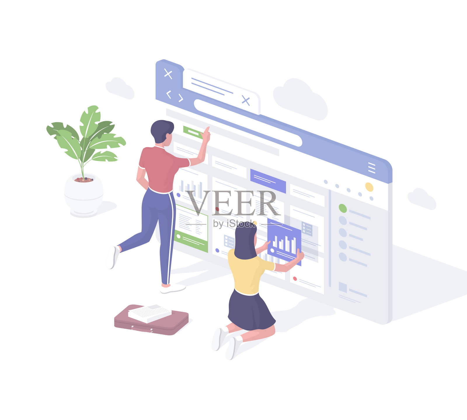 开发人员在线对云存储进行真实等距测量。女性人物搜索并下载相关网页信息进行分析。插画图片素材