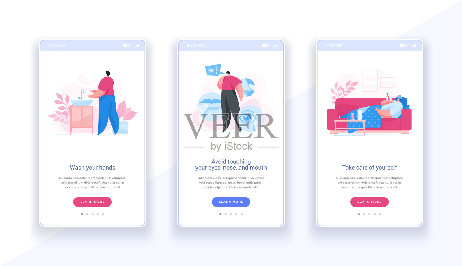 治疗和卫生在线屏幕横幅。关于冠状病毒安全措施的网页课程模板幻灯片。设计模板素材
