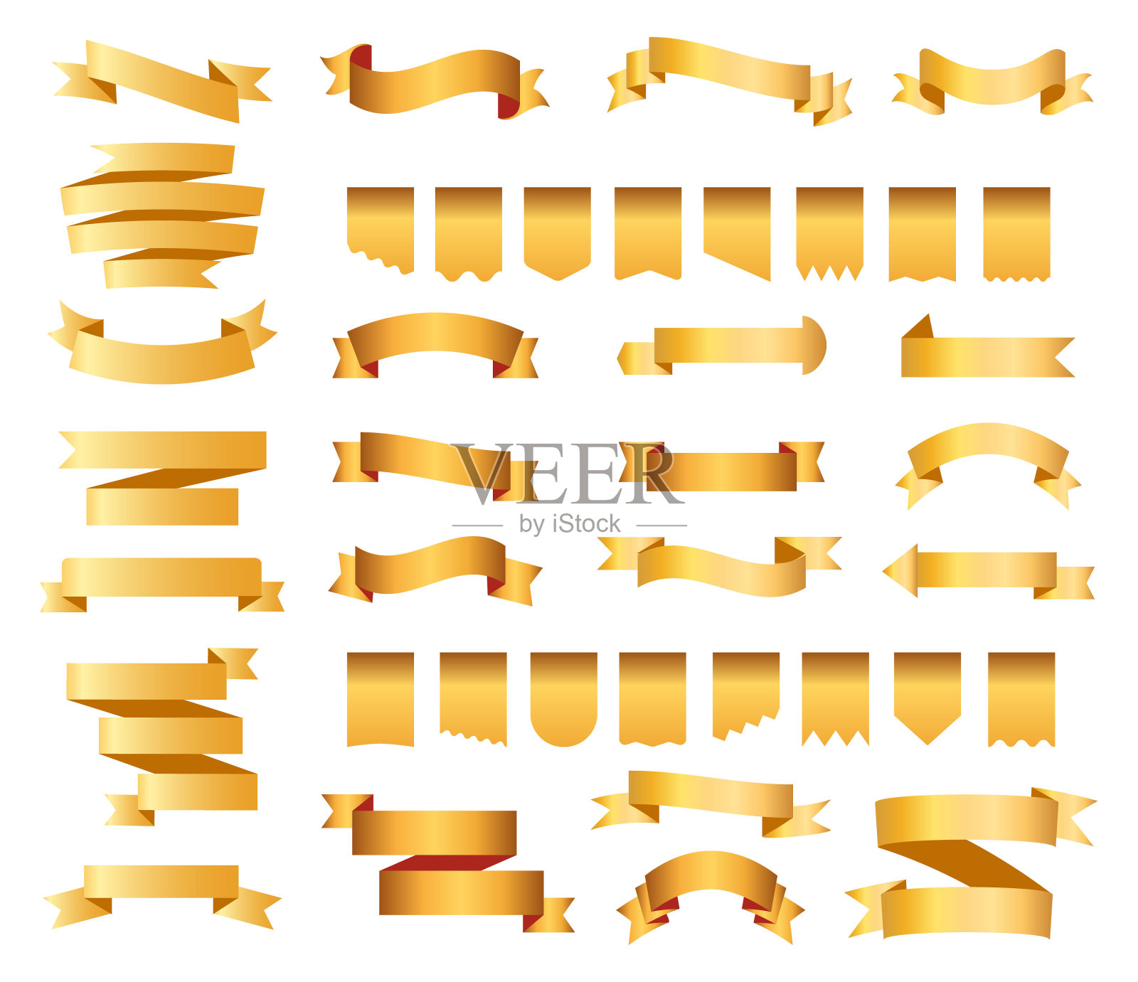 金色丝带，三角旗设矢量。彩色标签，价格标签，书签横幅，复古缎带，复古皮带，带孤立的向量集插画图片素材