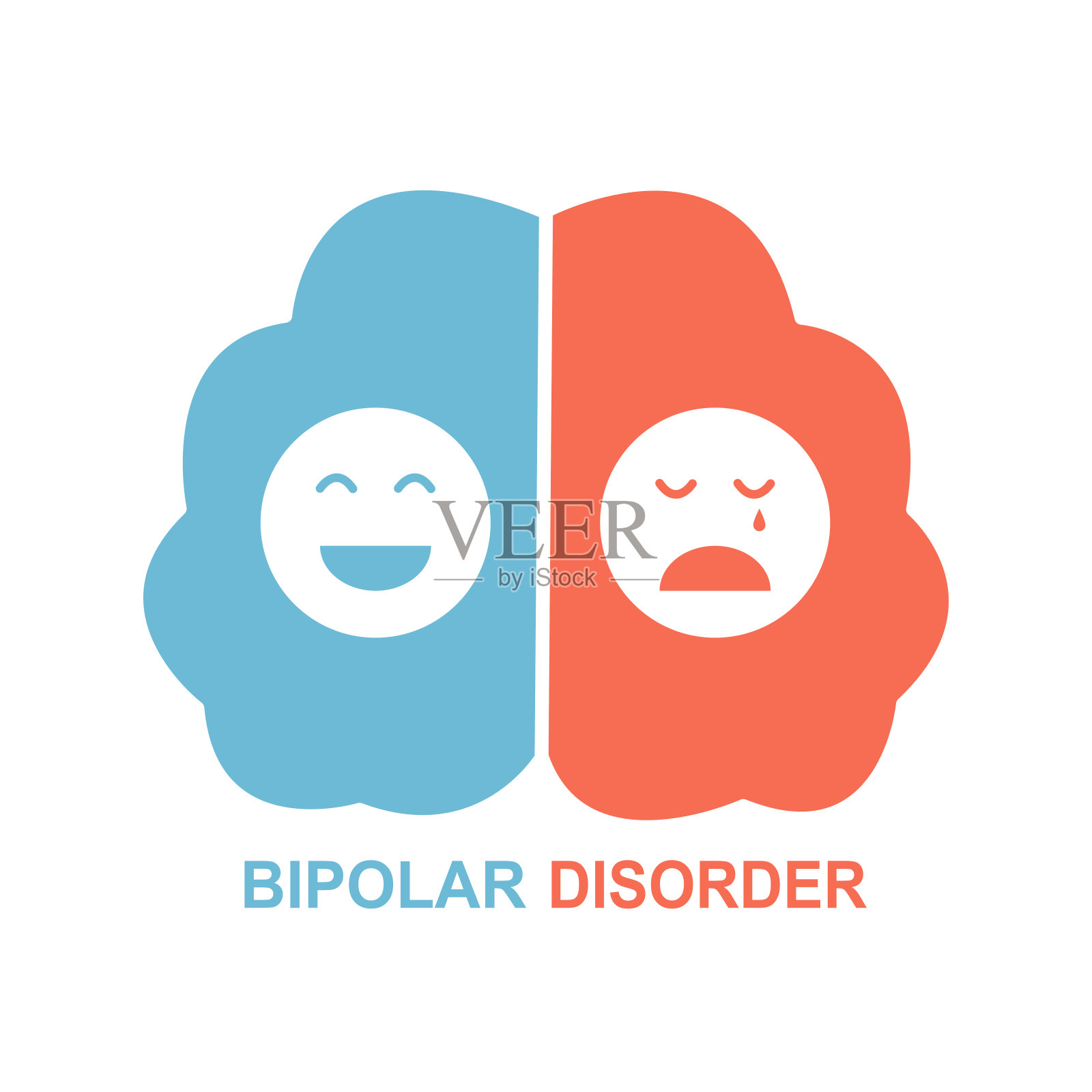 白色背景上的双相情感障碍情绪波动概念矢量图，带有微笑和悲伤表情的扁平化大脑，心理治疗和护理插画图片素材