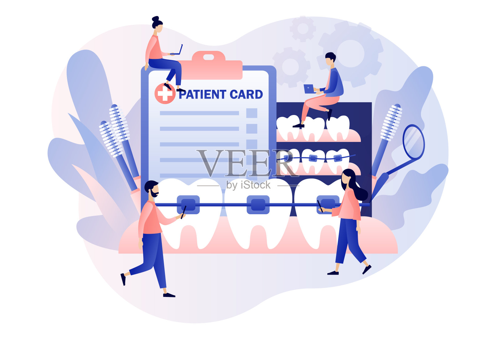 牙套概念。正畸治疗及牙齿美容。矮小的人矫正牙齿和病人矫正牙齿。现代平面卡通风格。白色背景上的矢量插图插画图片素材