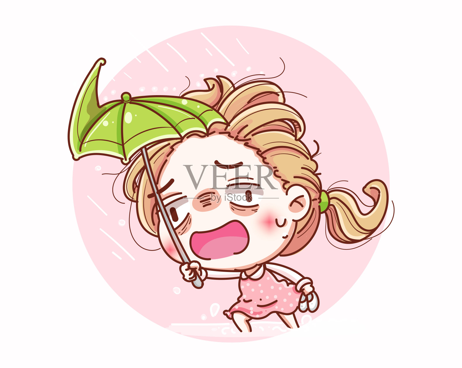 一个女孩在暴风雨中撑伞，还有卡通人物设计。插画图片素材