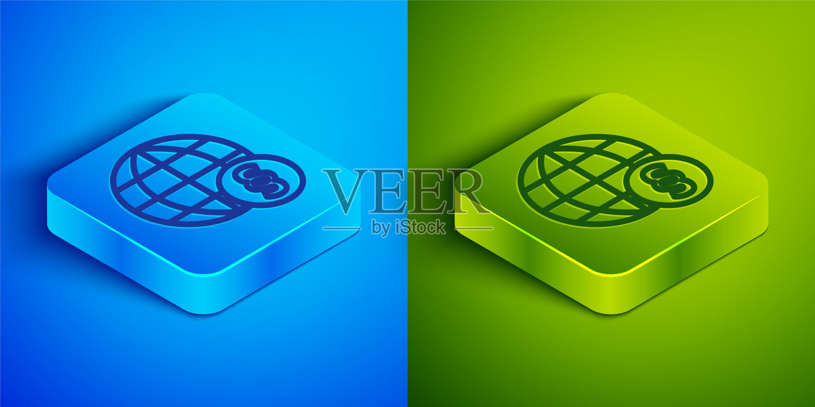 国际法图标孤立在蓝色和绿色背景上。全球法律的标志。法律公正裁决世界。方形按钮。向量图标素材