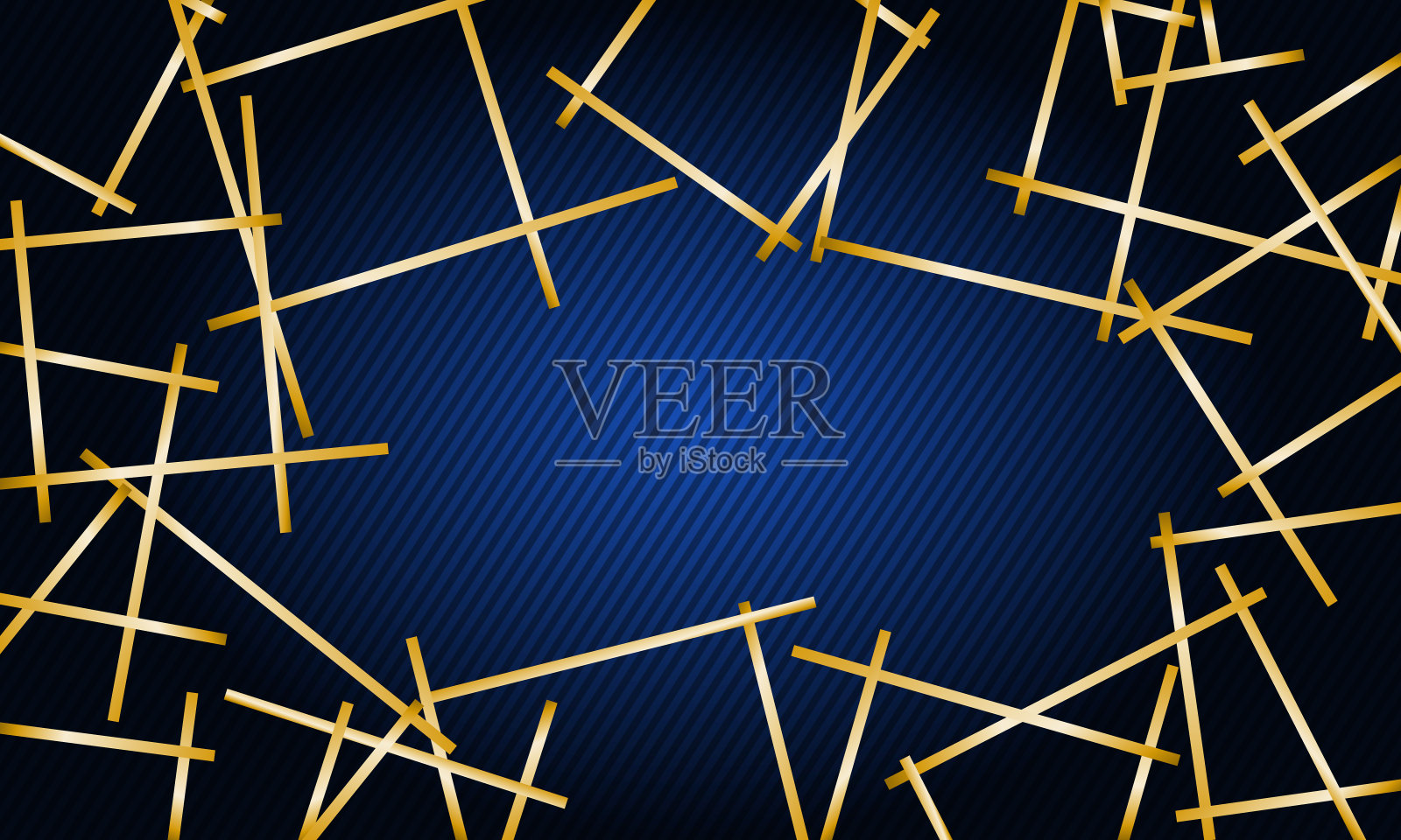 抽象的蓝色背景与条纹和混乱的金色线周围像框架。插画图片素材