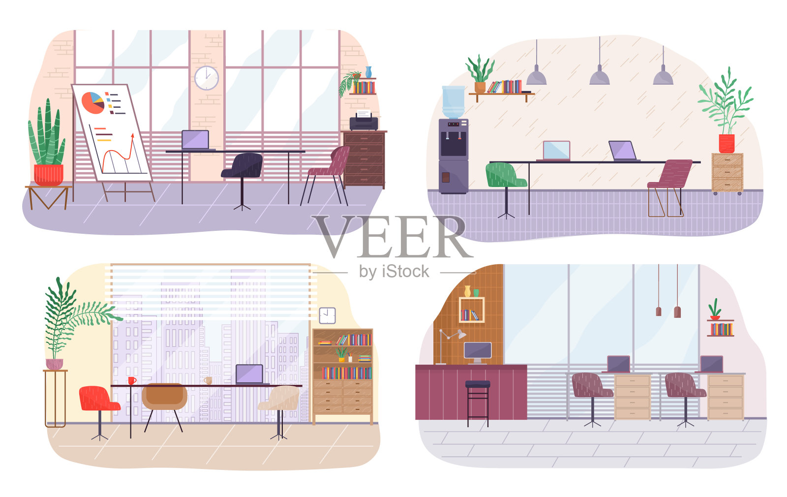 一套办公室工作场所室内设计平面插图。业务对象、元素和设备插画图片素材