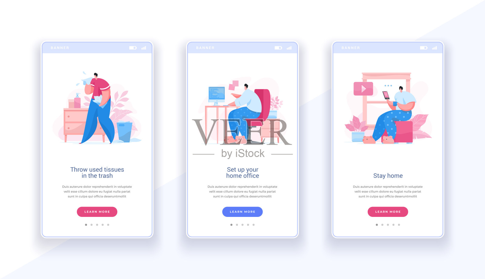 待在家移动在线屏幕模板。家庭办公室检疫措施培训网页横幅幻灯片。插画图片素材