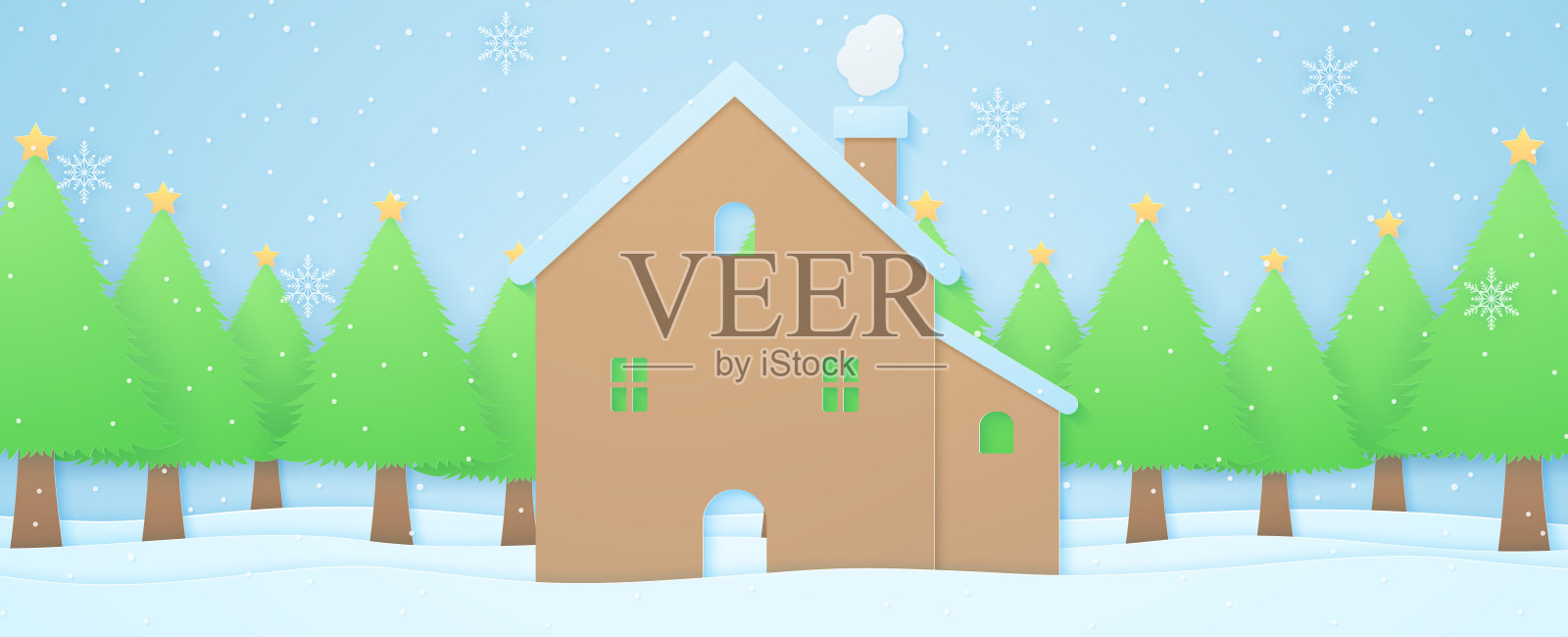 冬天的风景，房子和圣诞树上都有雪花飘落，纸上有雪花的艺术风格设计元素图片