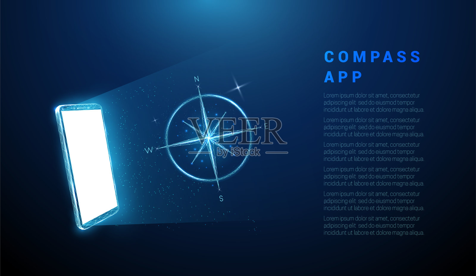 抽象的蓝色手机，白色屏幕和指南针插画图片素材