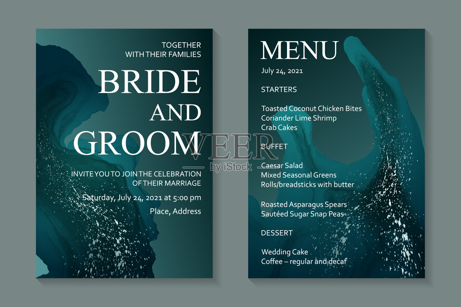 婚礼请柬与暗绿松石水彩波浪或流动艺术在酒精墨水风格与银色闪光。插画图片素材