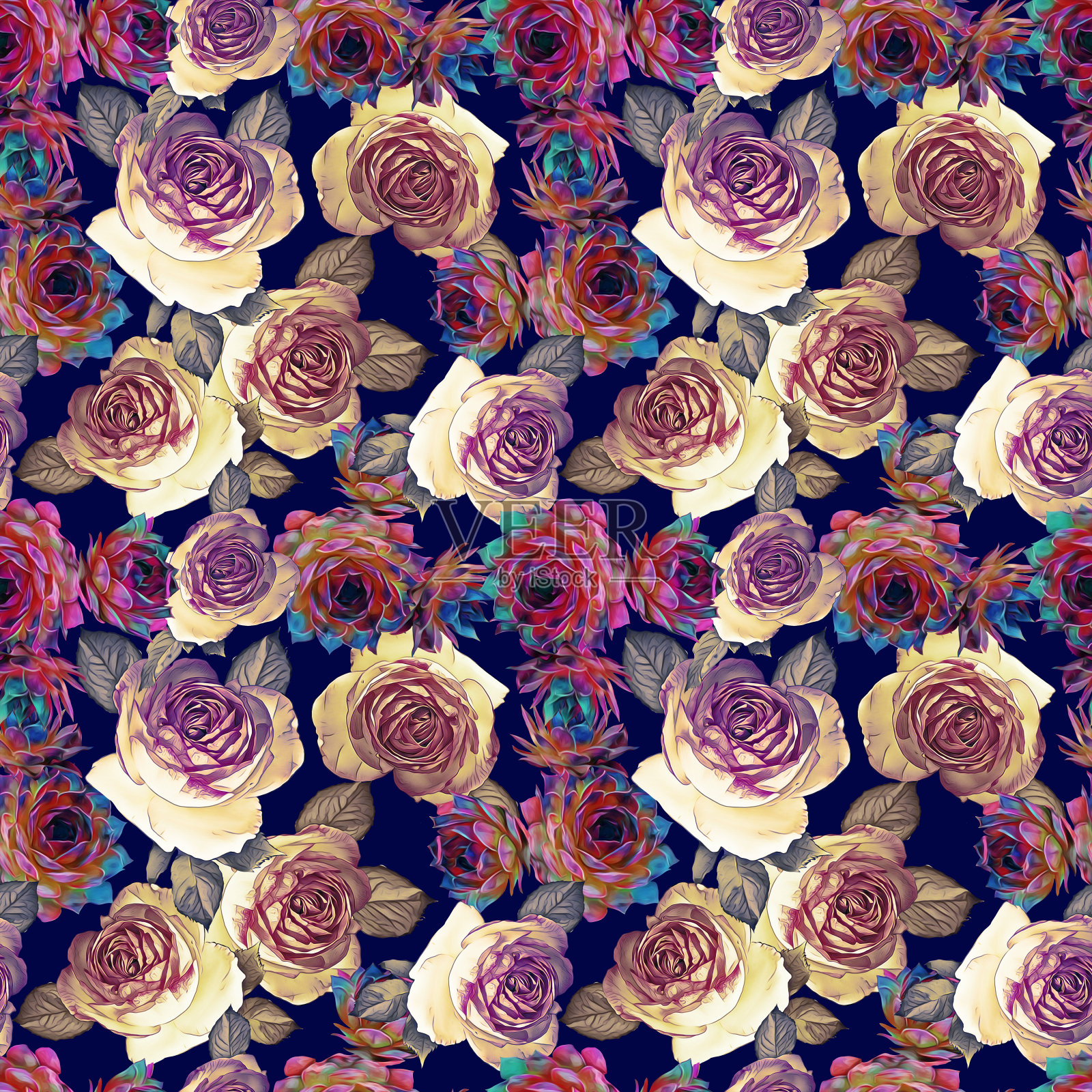 仙人掌与玫瑰无缝图案。插画图片素材