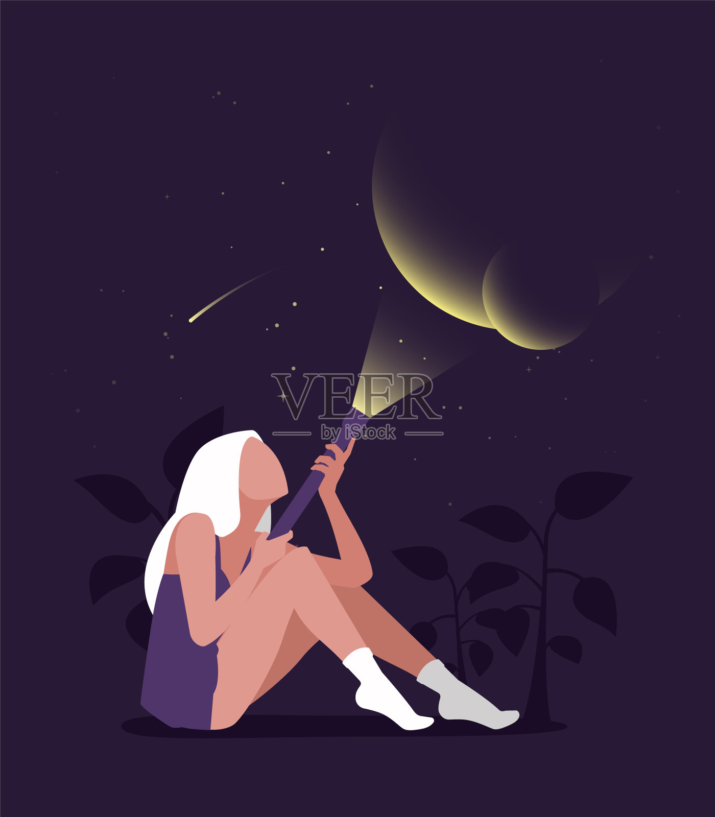 年轻的女性角色坐着，拿着手电筒照亮点。平面可编辑矢量插图，剪辑艺术插画图片素材