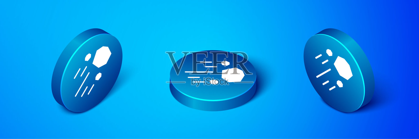 2.5D飞行的石头图标，蓝色背景。蓝色圆形按钮。矢量图插画图片素材