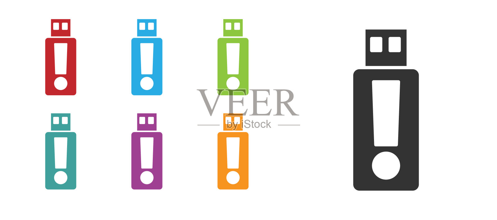 黑色USB闪存驱动器图标隔离在白色背景。设置图标丰富多彩。向量图标素材