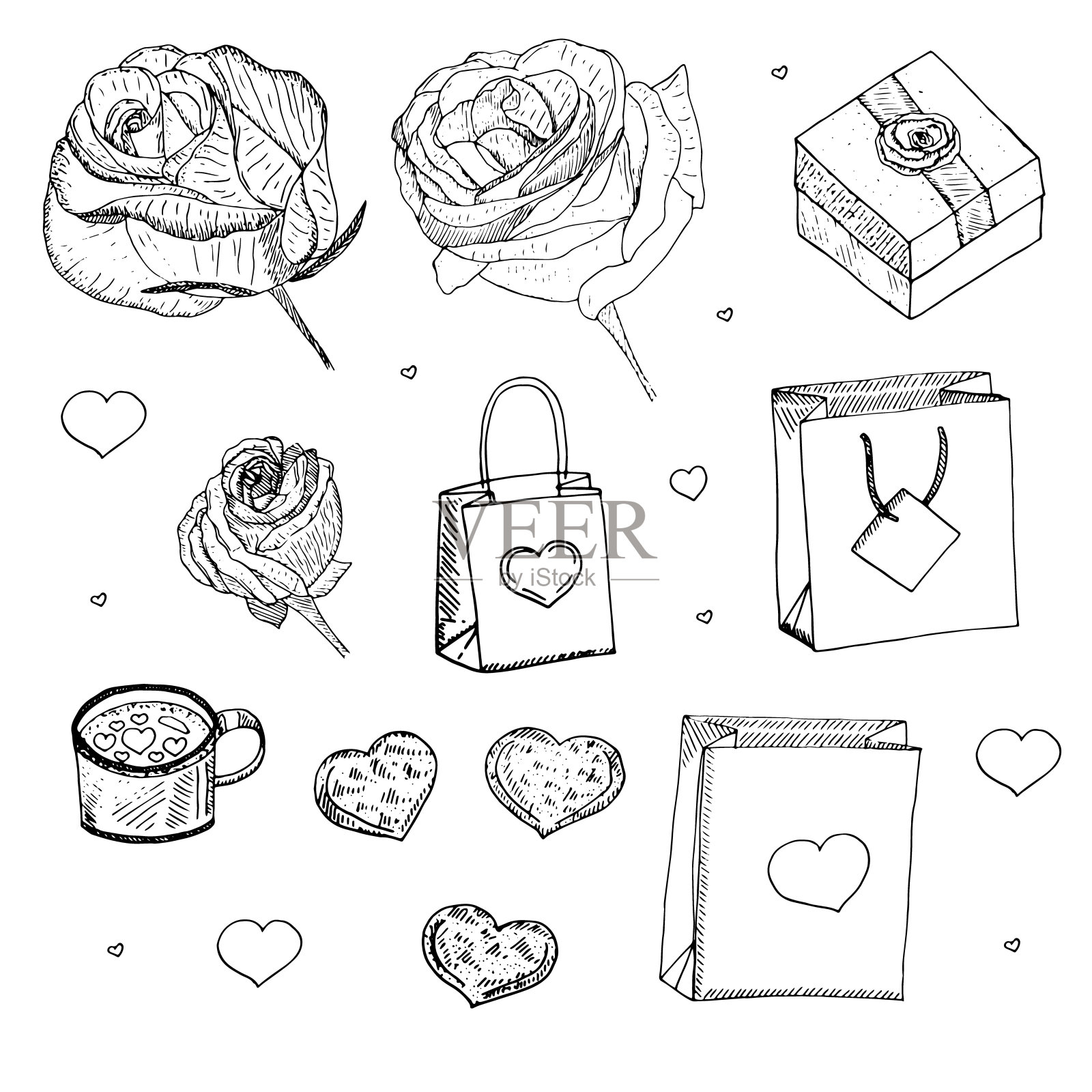 情人节套装，玫瑰花，盒子和袋子里的礼物，咖啡和心形饼干，矢量插图，手绘插画图片素材