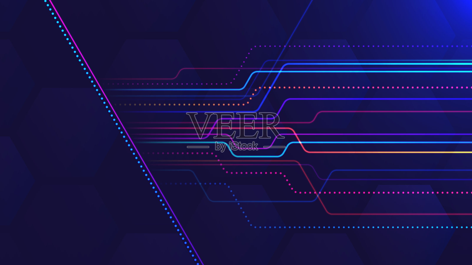 抽象的光背景与透明六边形和霓虹灯彩色线插画图片素材