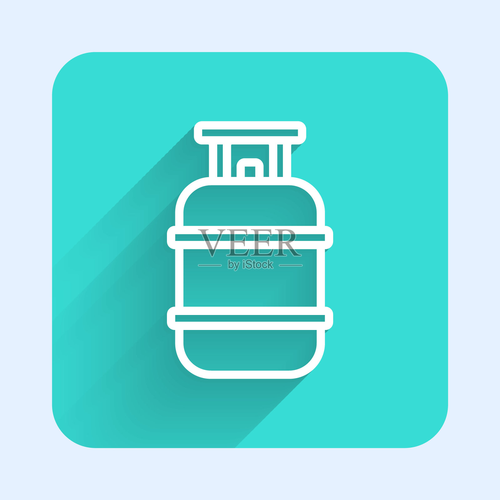 白色线丙烷气罐图标与长阴影隔离。可燃油箱图标。绿色广场按钮。向量插画图片素材