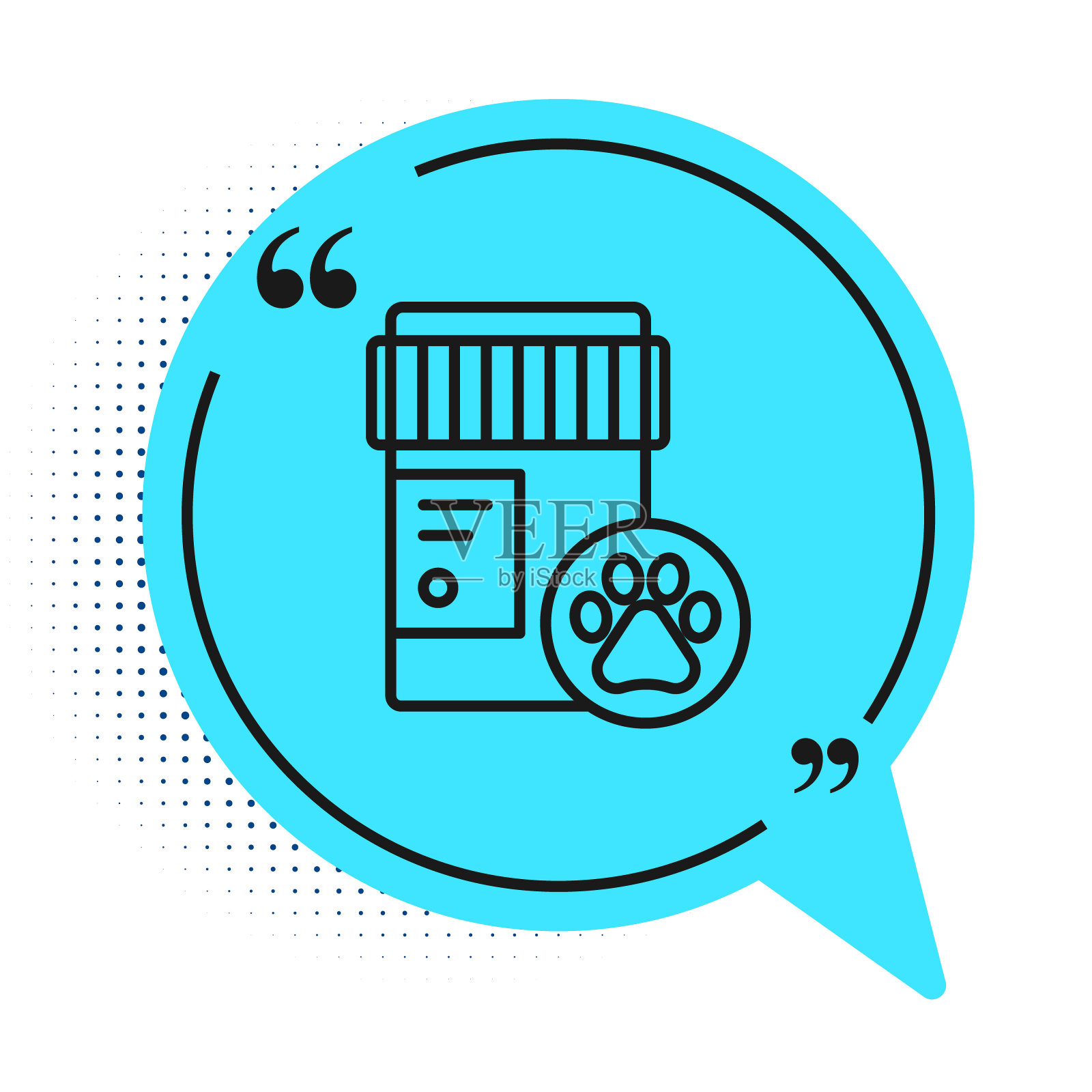 黑线狗药瓶图标孤立在白色背景上。容器用药物。给动物用的处方药。蓝色语音气泡符号。向量插画图片素材