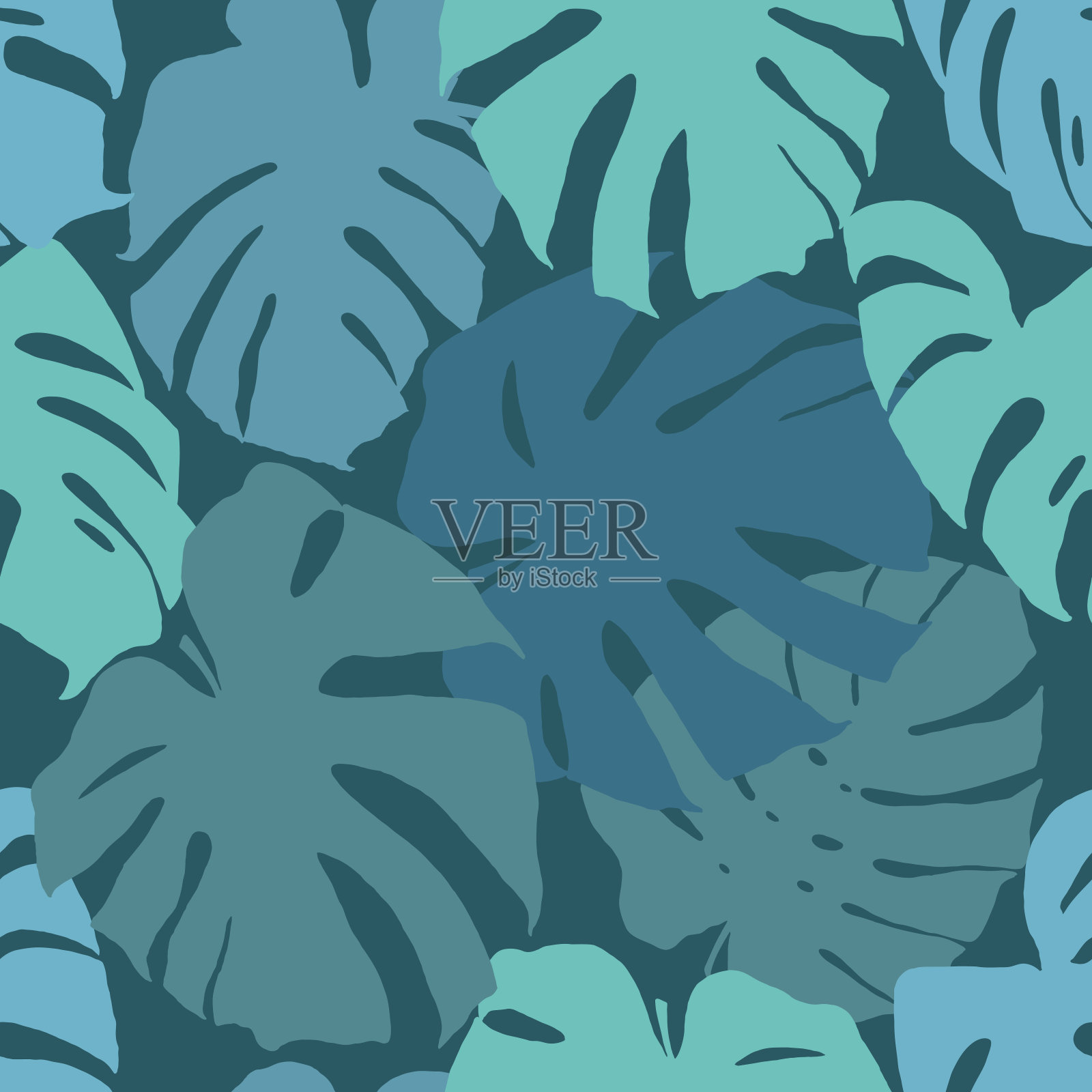 棕榈叶的轮廓在深绿色的背景无缝模式。插画图片素材