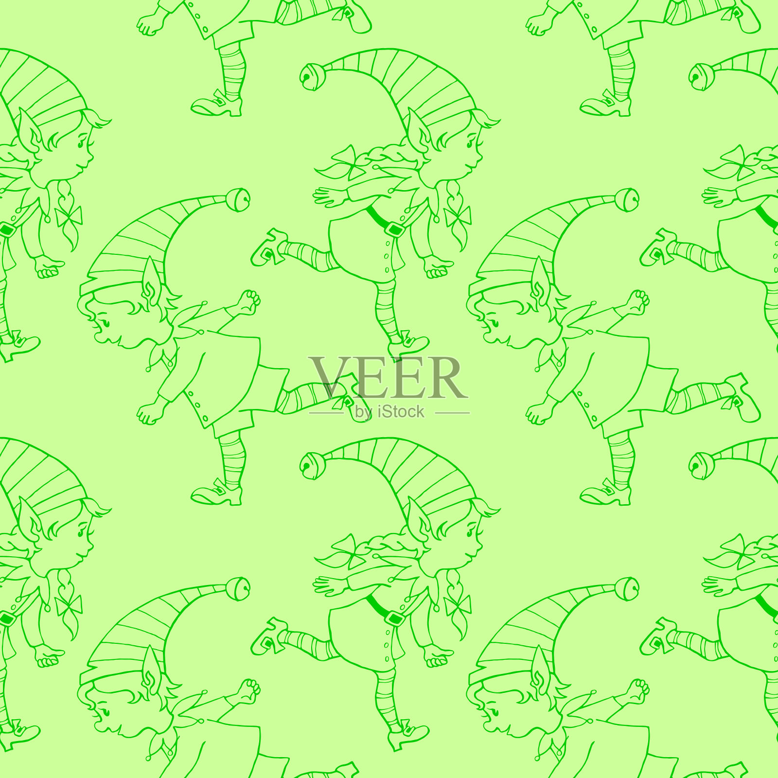 矢量无缝图案与圣诞精灵的轮廓。新年圣诞手绘背景和纹理。用于贺卡、包装纸、包装、纺织品、封面插画图片素材