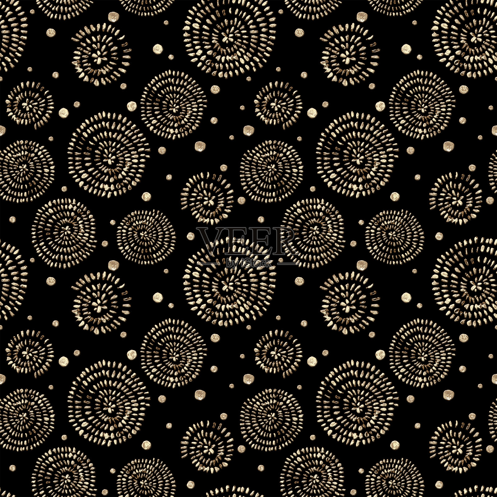抽象无缝图案与3d金色闪闪的亚克力螺旋圆和波尔卡点在黑色背景插画图片素材