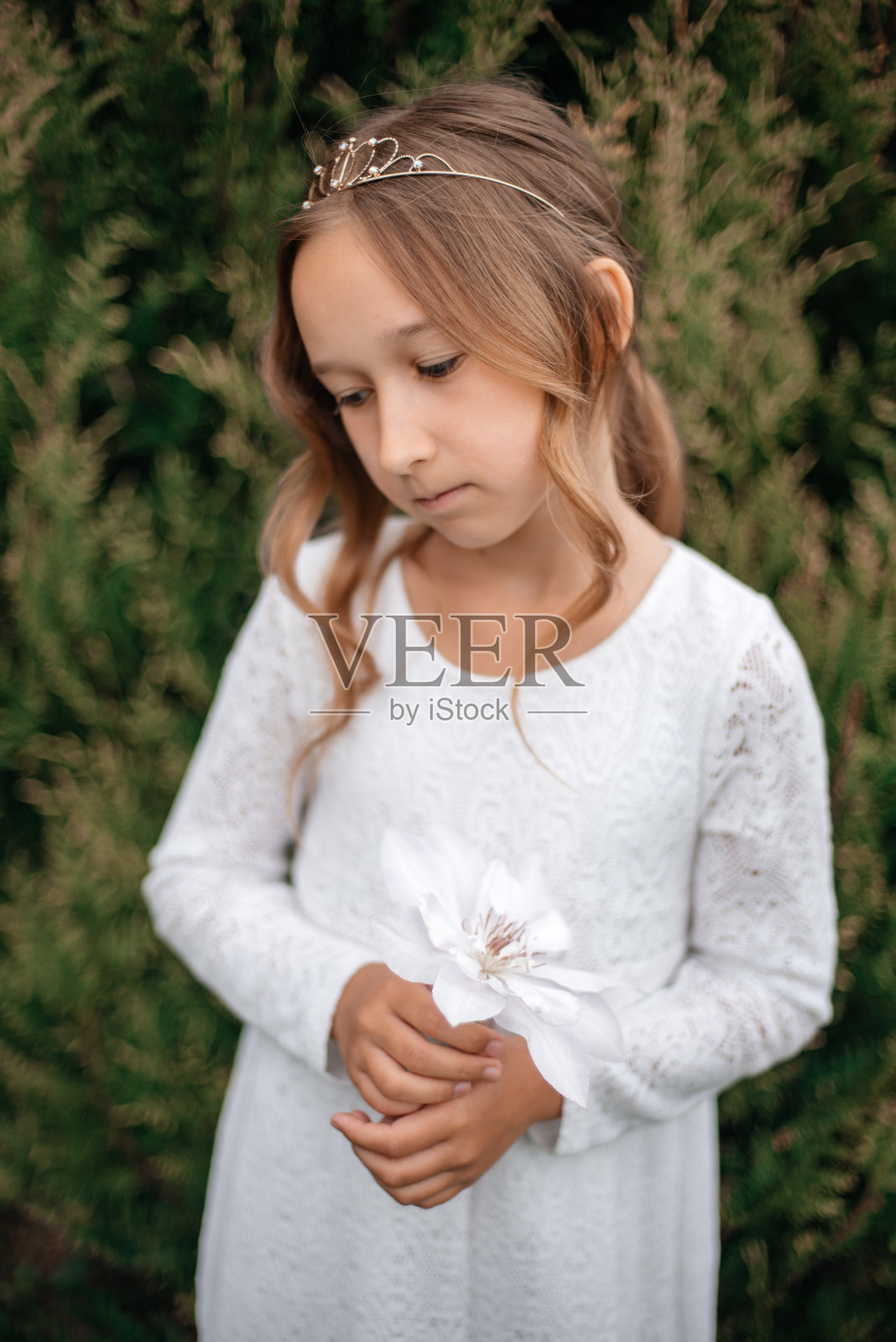 那孩子手里拿着一朵白色的铁线莲花。照片摄影图片