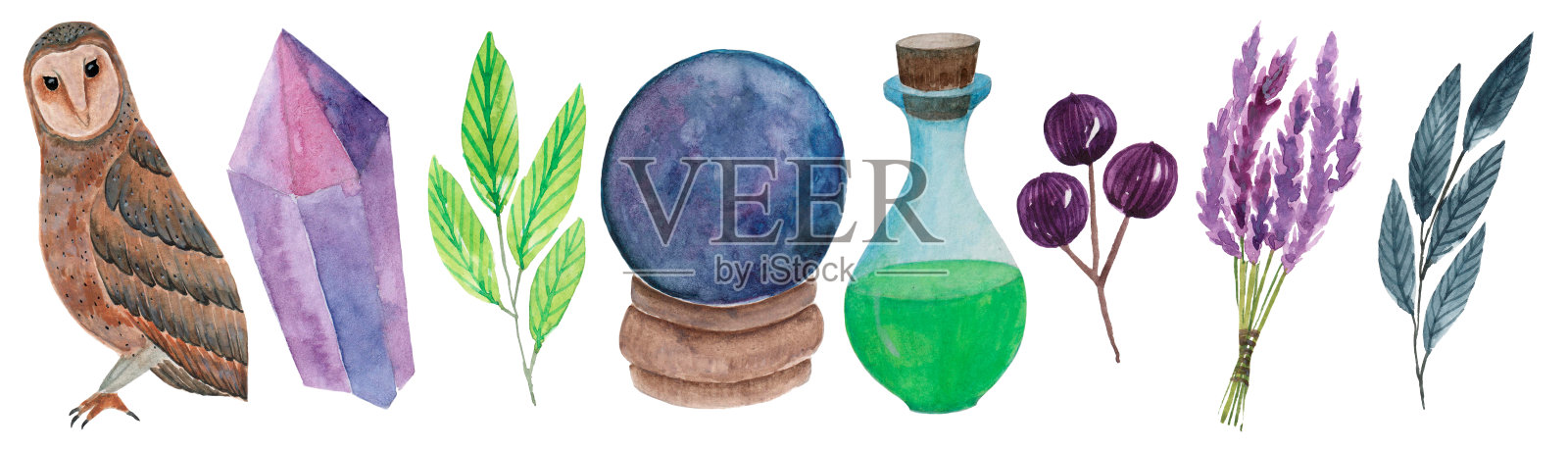 水彩与巫术元素隔离在白色背景。神秘物体的剪贴画。猫头鹰，水晶，树枝，瓶子里的药水，算命球。插画图片素材