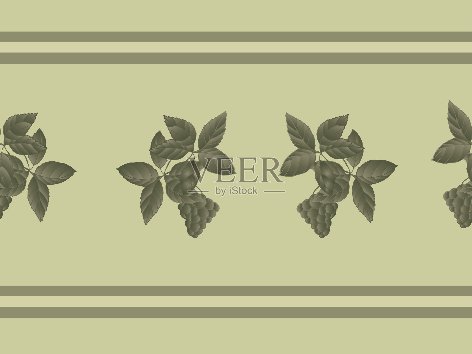 无缝边界与黑色野生葡萄叶在灰色背景和浆果的抽象模式。设计壁纸，背景，织物，纺织品，咖啡馆，餐厅，度假村，异国情调，包装插画图片素材