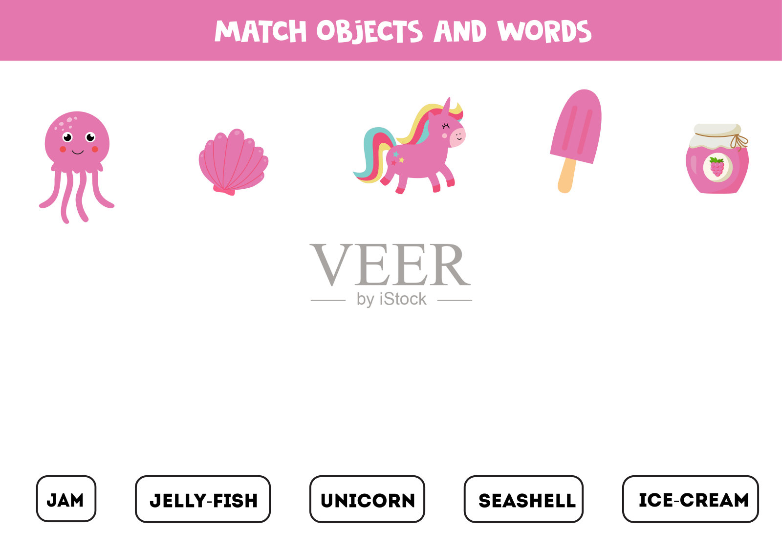匹配的游戏。把单词和图片联系起来。粉红色的对象。插画图片素材