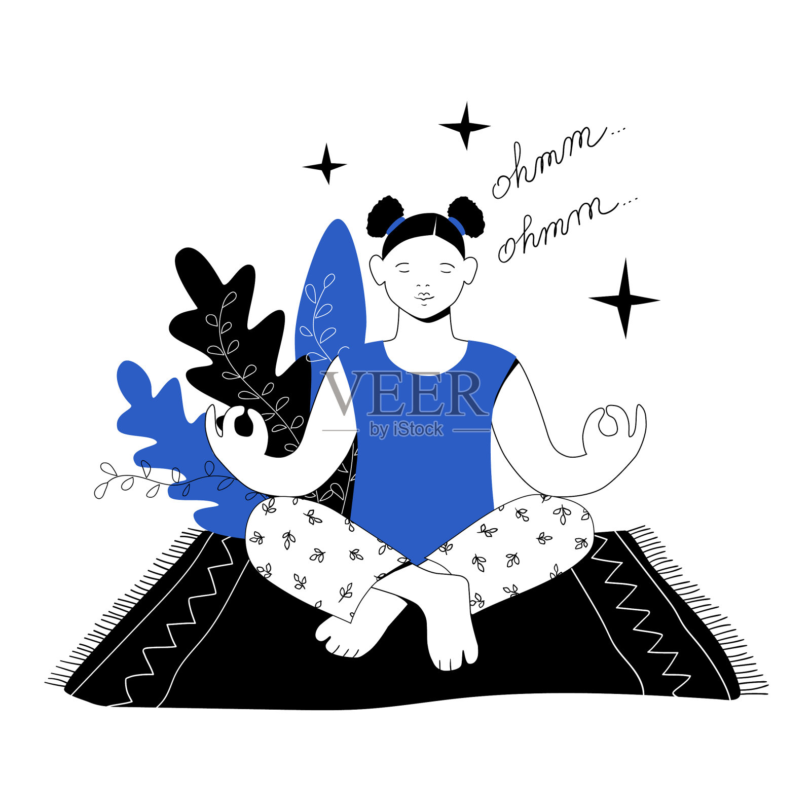 女孩以莲花的姿势坐在地毯上冥想插画图片素材
