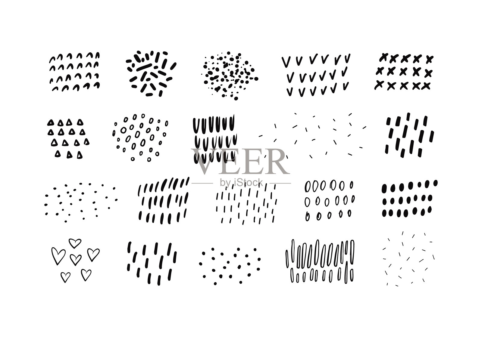 一套墨水黑色笔刷笔触斑点点孤立在白色背景。黑色手绘墨水线条和斑点。图形装饰元素为您的设计。插画图片素材