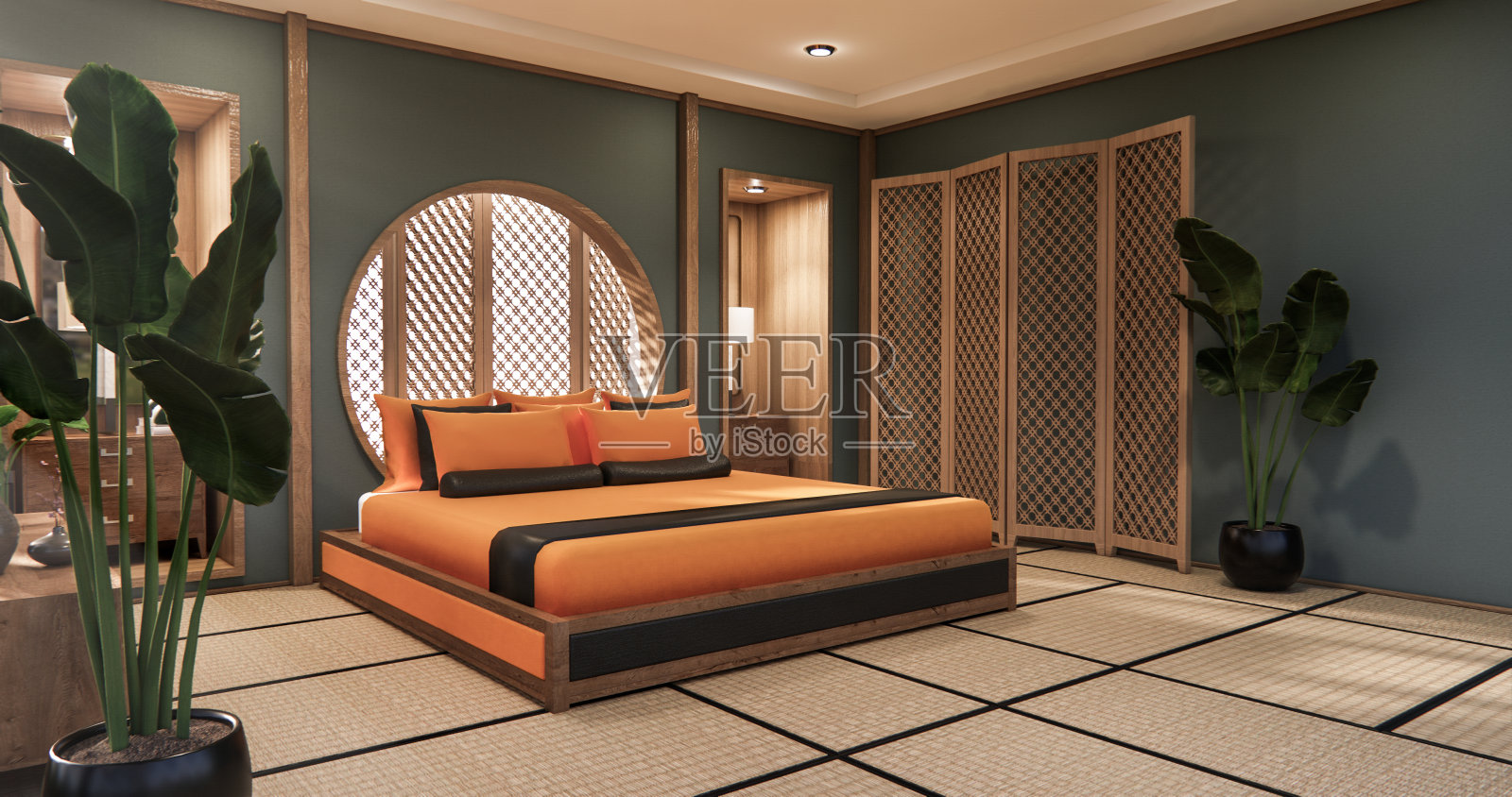 圆墙设计上的黑暗卧室日本设计榻榻米地板。三维渲染照片摄影图片