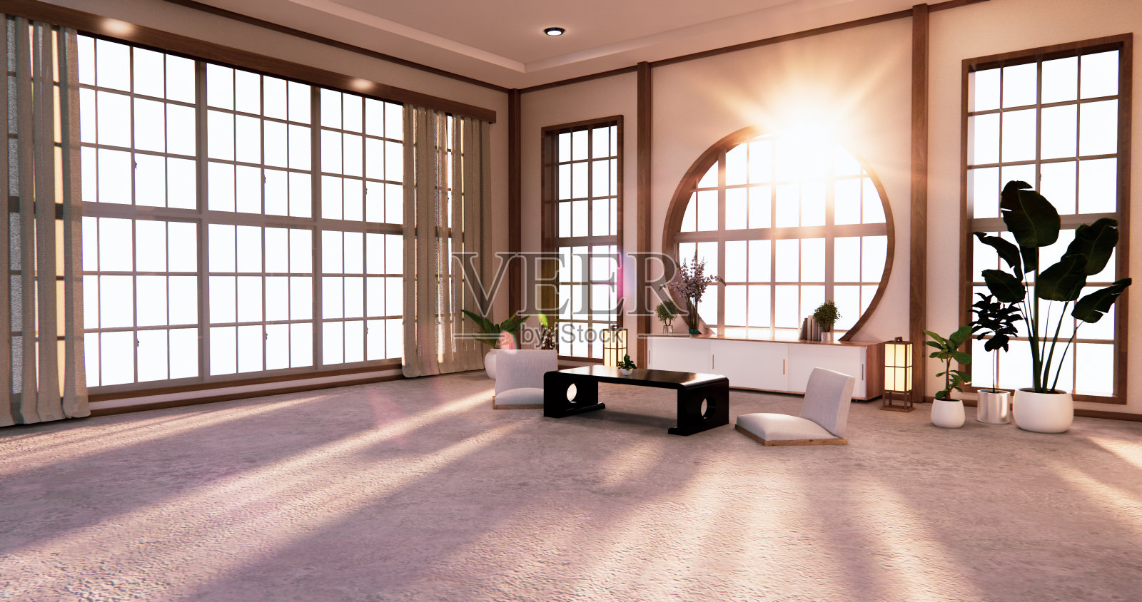 传统日式客厅与现代设计相结合。三维渲染照片摄影图片