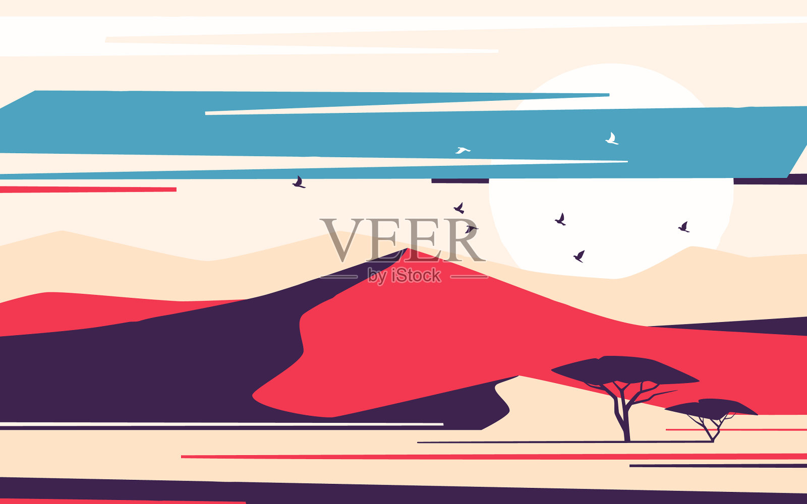 明亮的日出越过沙漠的沙丘插画图片素材