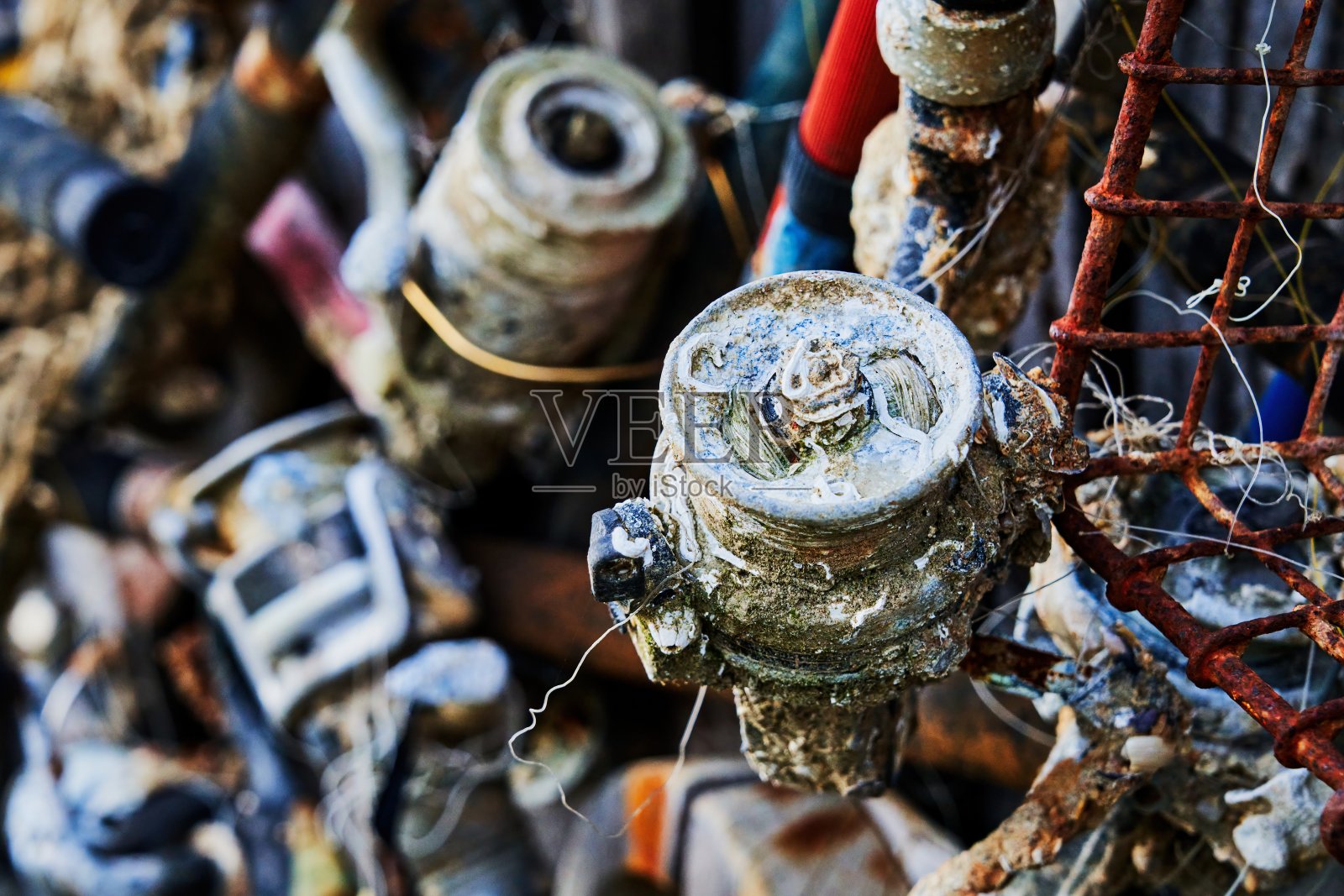 收集在海里发现的腐烂的鱼竿和鱼线盘照片摄影图片