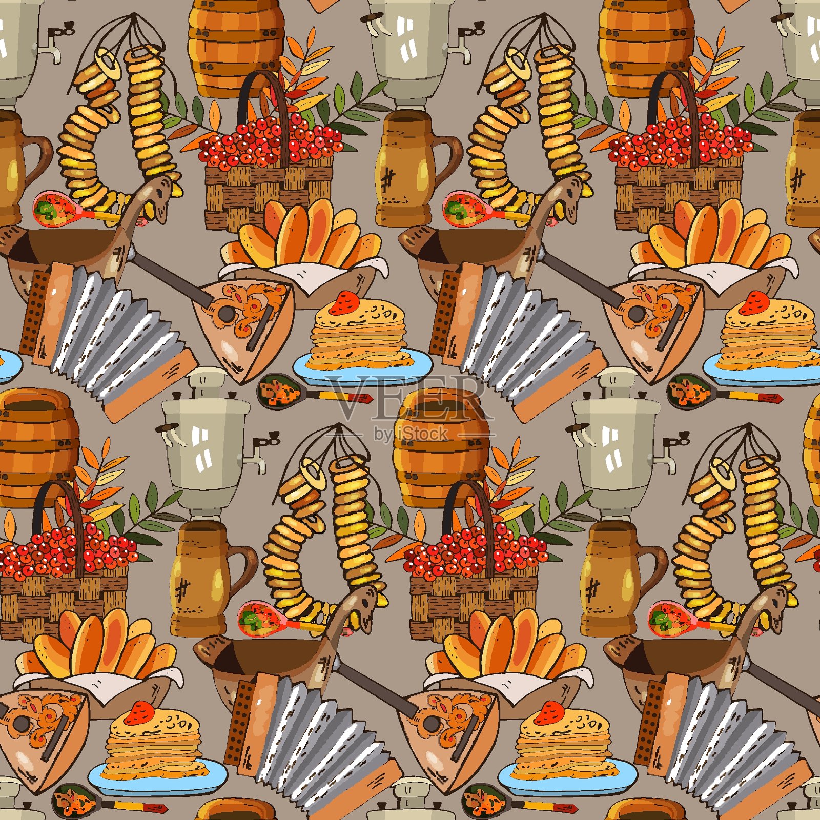 俄罗斯无缝图案。背景与传统元素，矢量插图。俄罗斯元素集。矢量手绘收集的俄罗斯文化和自然图像插画图片素材