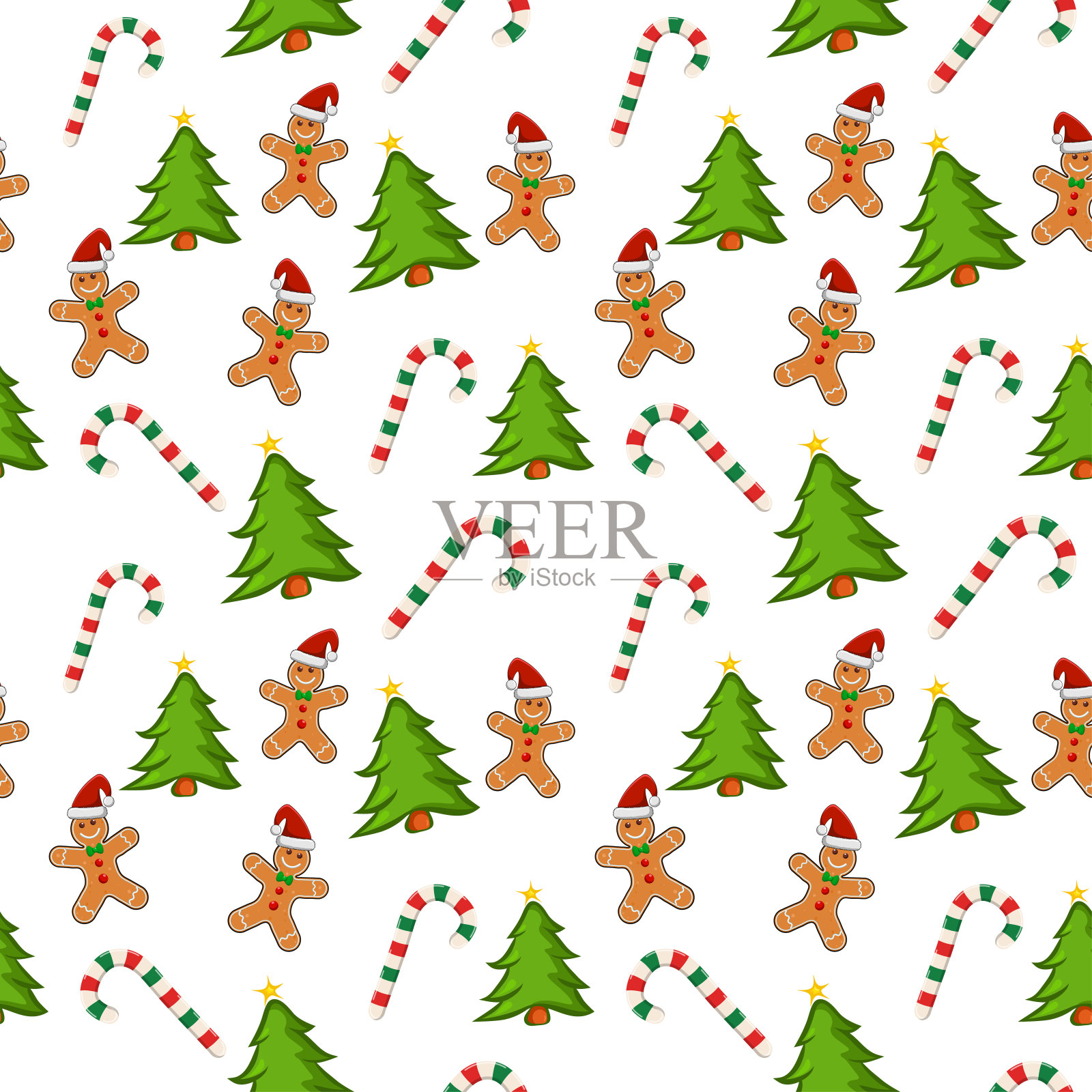 假日图案与姜饼饼干，糖果手杖和圣诞树在白色的背景。包装纸与重复瓷砖。非常适合圣诞卡或背景。向量无缝模式。插画图片素材