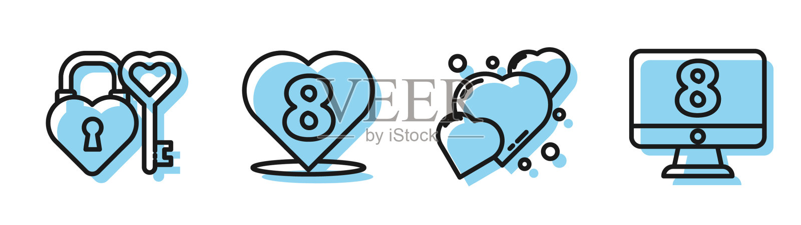 设线心城堡和钥匙在心形图标素材