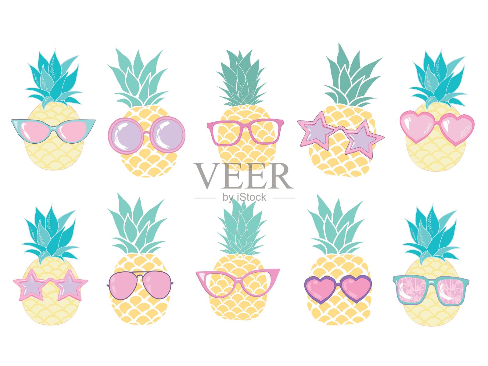 菠萝可爱的字符设置为夏季热带贴纸;补丁和引脚设计。矢量图插画图片素材