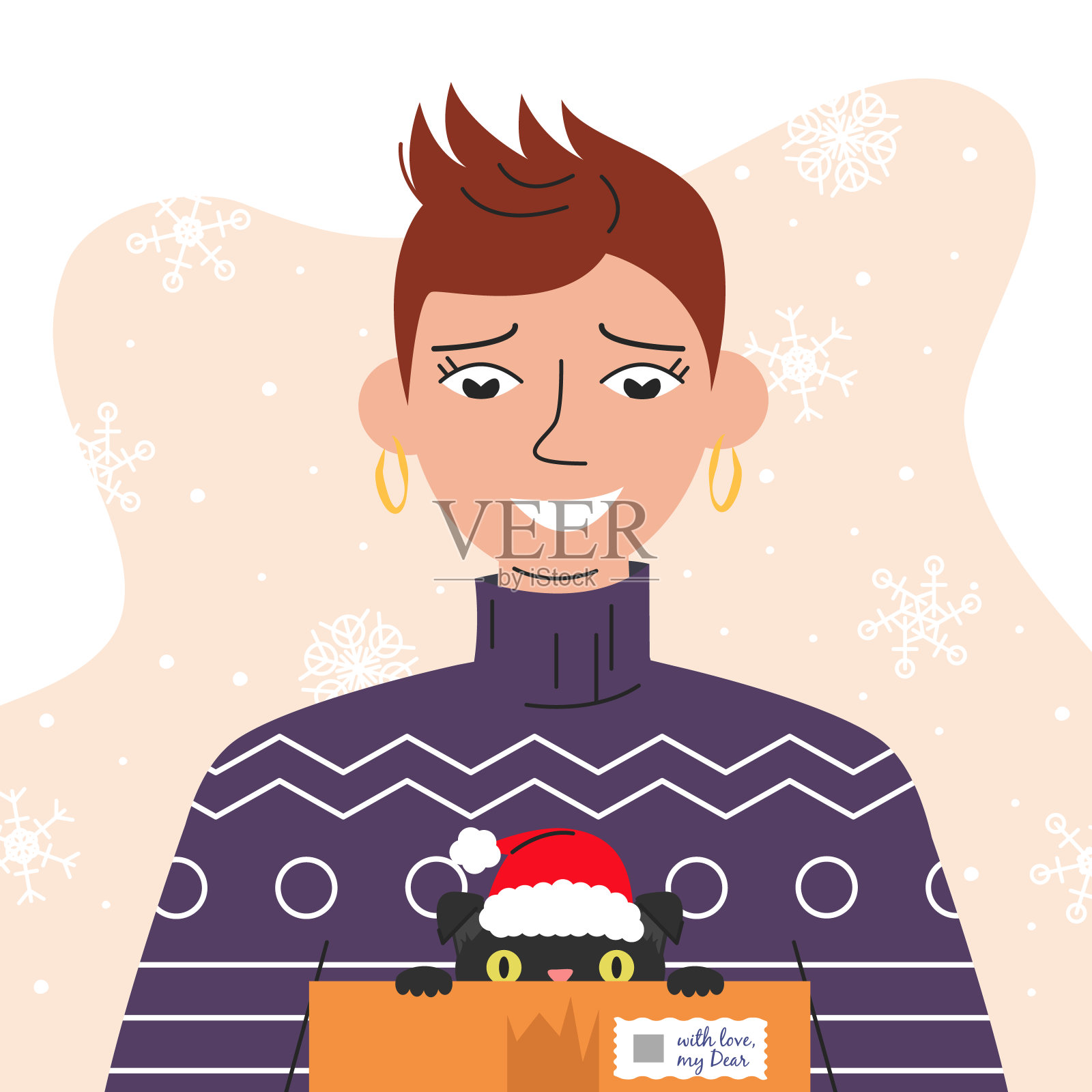 一个漂亮女孩的肖像抱着一个盒子和猫插画图片素材