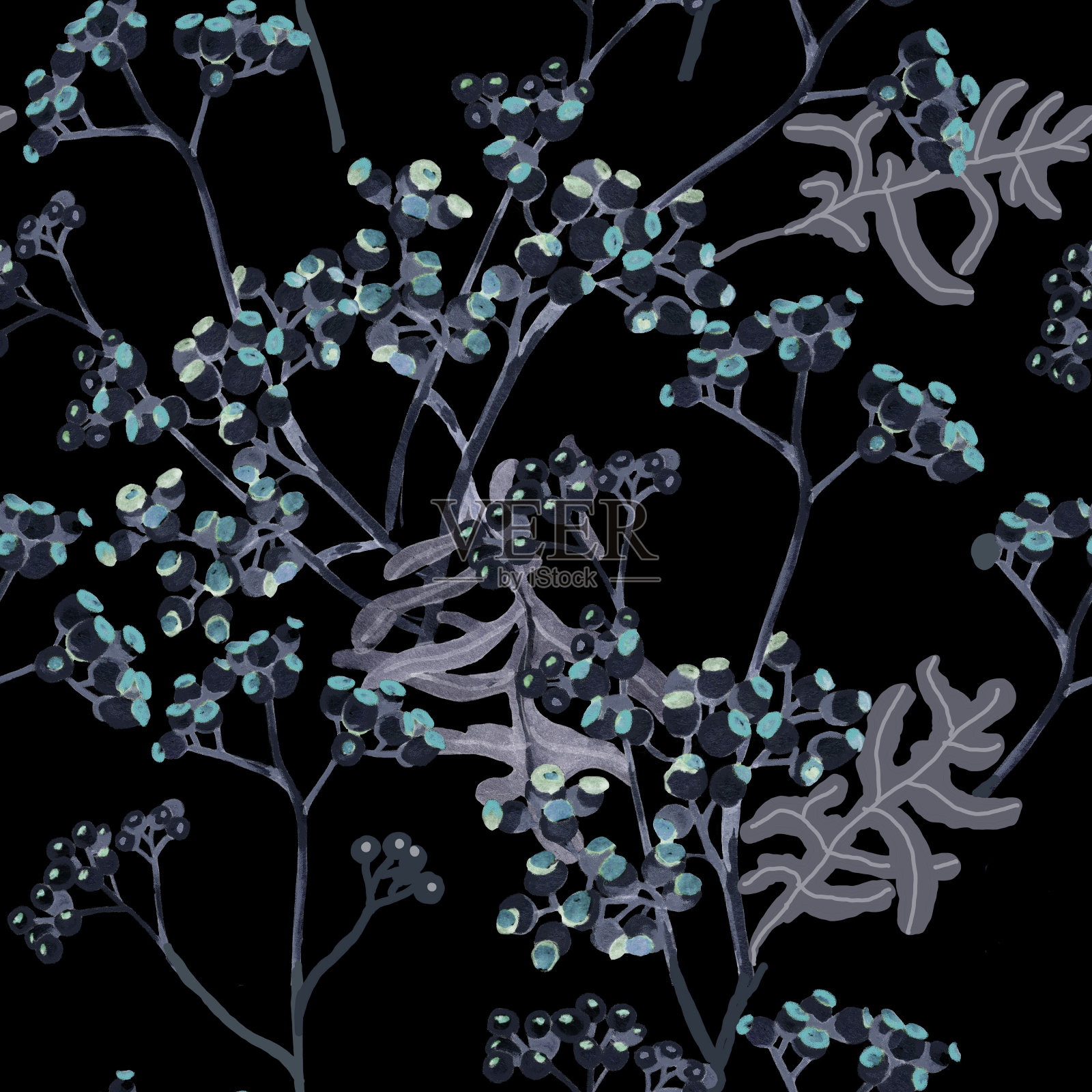 水彩草与浆果在黑色无缝模式。插画图片素材