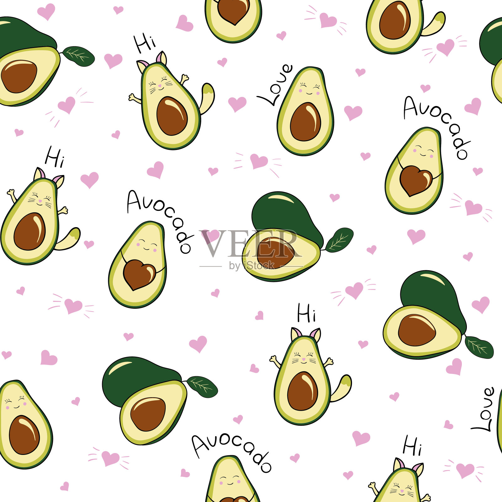 无缝矢量图案可爱的牛油果，牛油果猫，有一个心形的骨头，在白色的背景，有爱心，与字爱，牛油果，你好插画图片素材