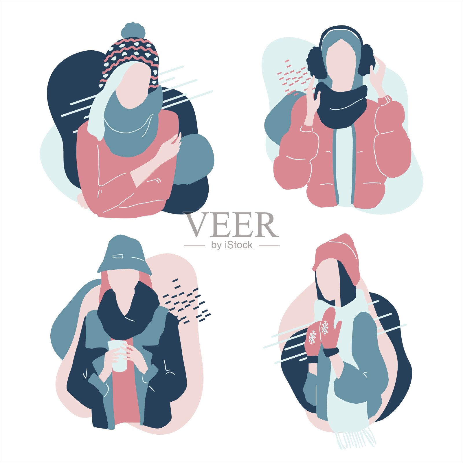 可爱的卡通插图美丽的少女在冬季时装。穿着温暖冬装的无名人物。插画图片素材