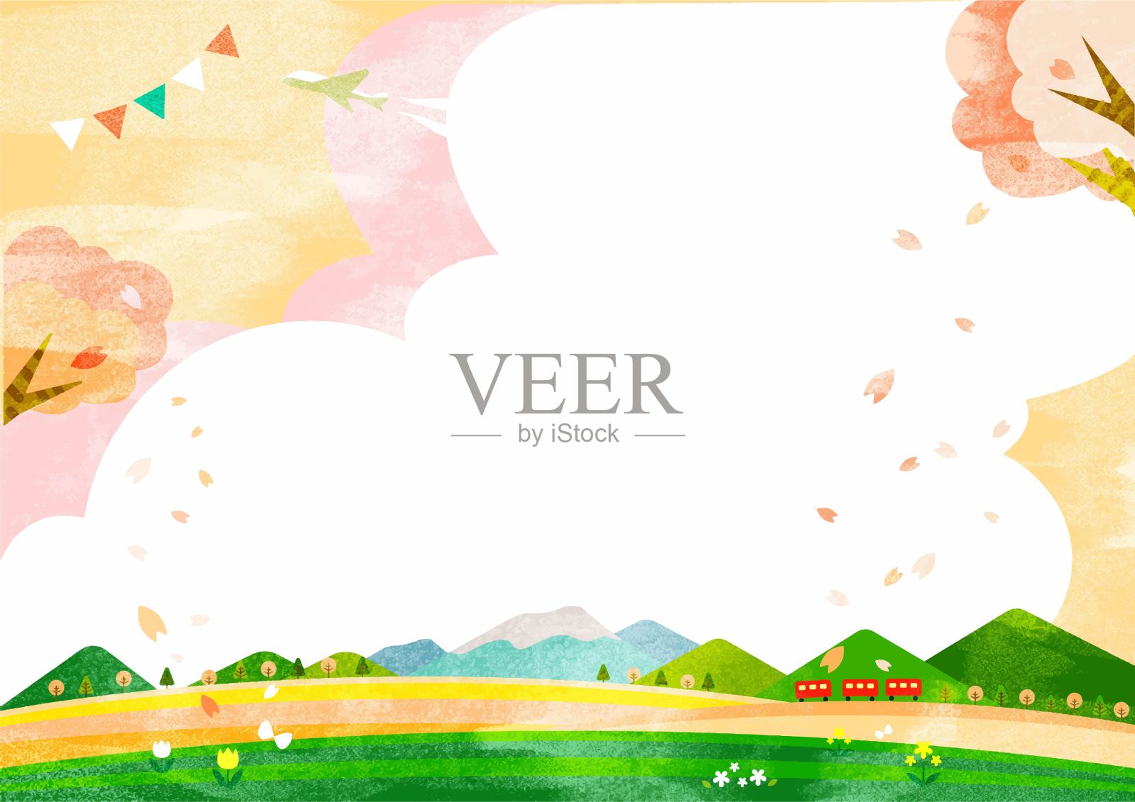 春游背景画框，樱花绽放插画图片素材