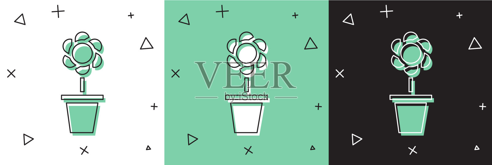 设置花在盆中图标孤立在白色和绿色插画图片素材