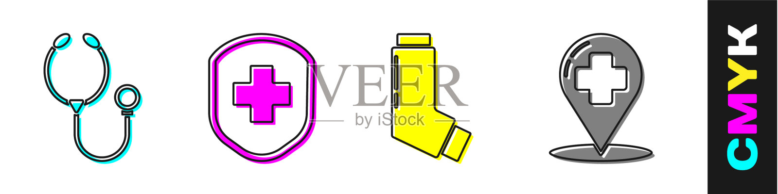 将听诊器医疗护盾设置为十字图标素材