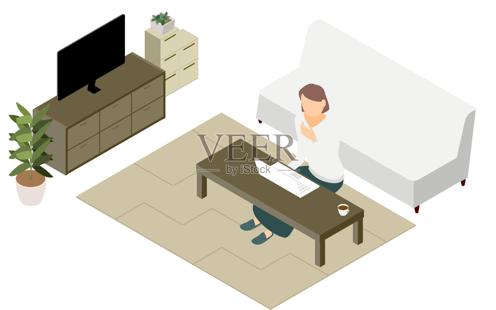 等距，人们在客厅的矮桌子上远程工作插画图片素材