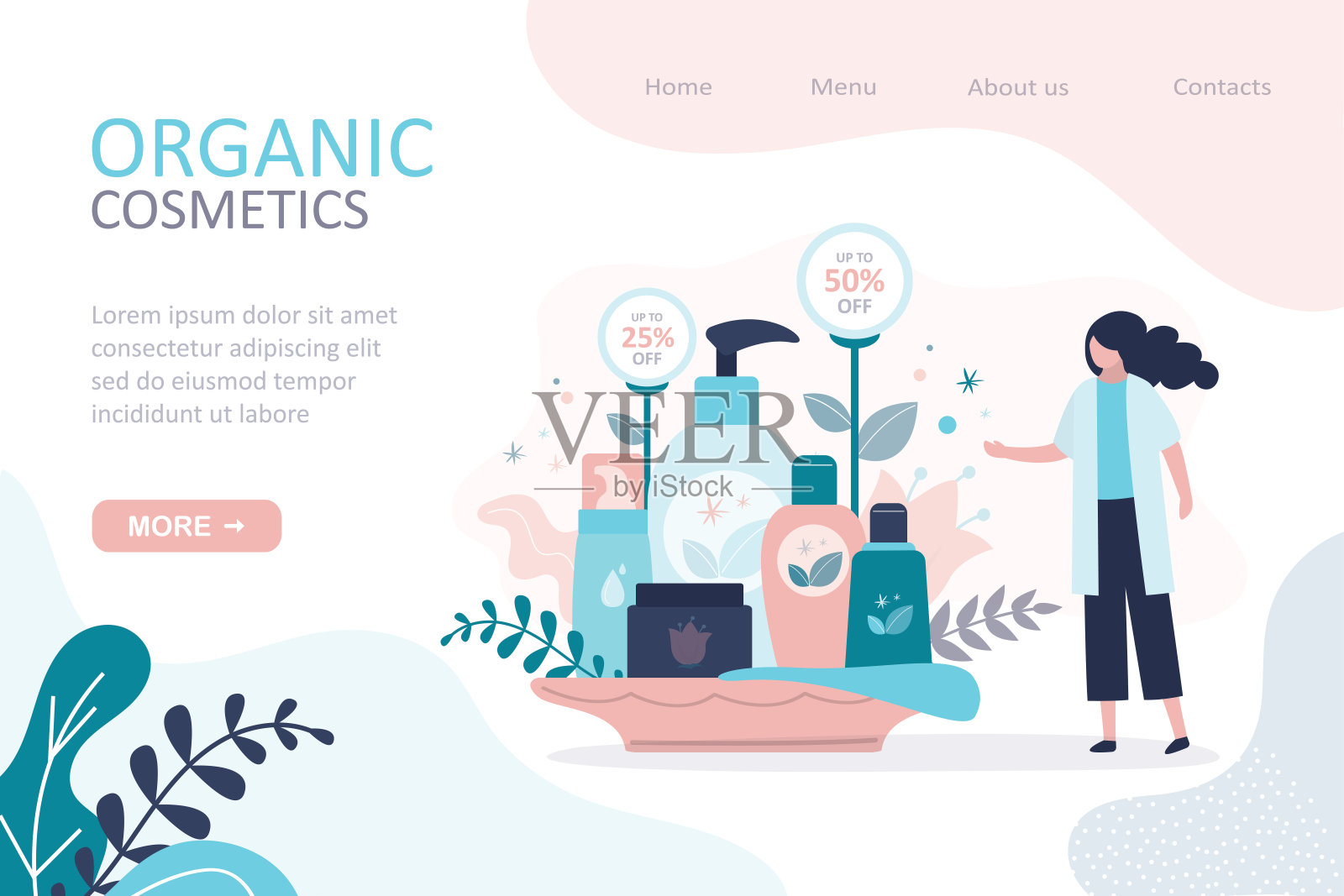 有机化妆品商店登陆页面模板。卖方提供天然化妆品折扣。插画图片素材