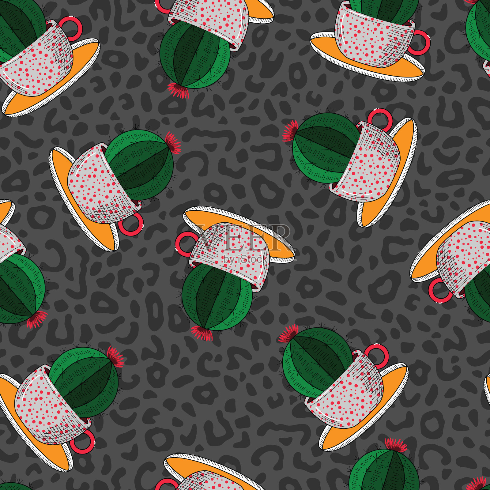 仙人掌在茶杯屋植物矢量无缝模式插画图片素材